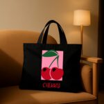 The "Pink Pop" Cherry Graphic | Premium Black Canvas Tote bag - Image 2