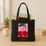 The "Pink Pop" Cherry Graphic | Premium Black Canvas Tote bag - Image 3