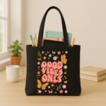 The "Groovy Garden" Good Vibes | Premium Black Canvas Tote bag - Image 3